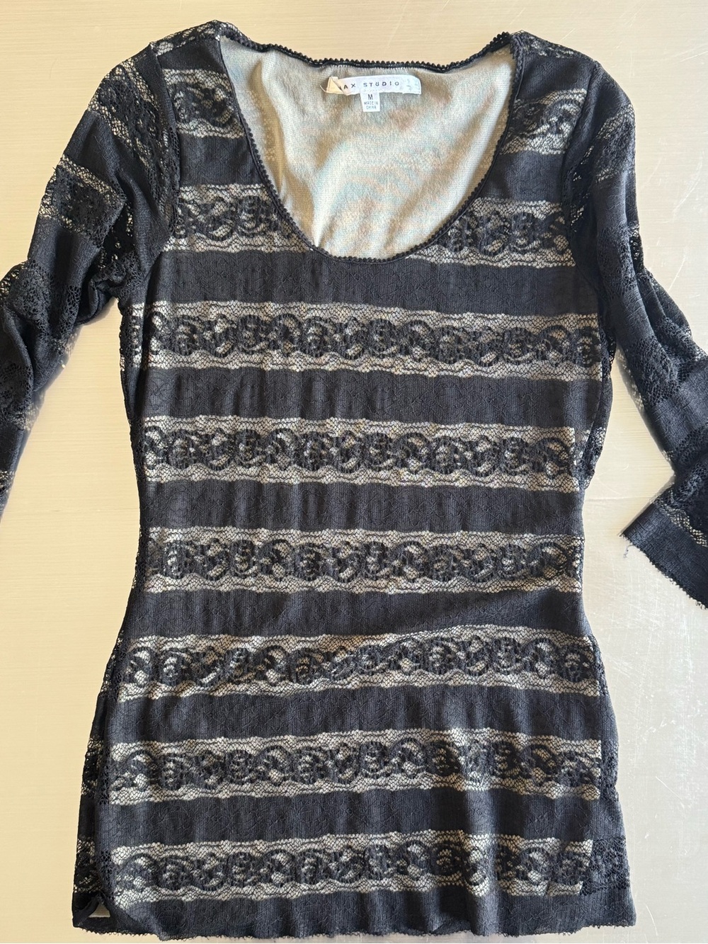 Max Studio Black and Cream Lace-Stripe Long Sleeve Scoop Neck Top